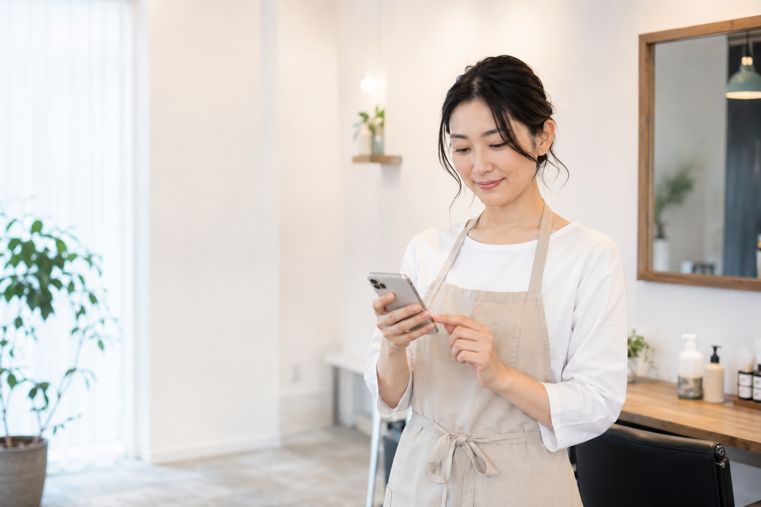 明るいサロンでスマートフォンを確認するスタッフ